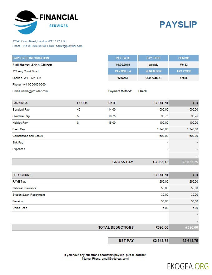 Modèle de fiche de paie pour les services financiers aux formats Excel et PDF